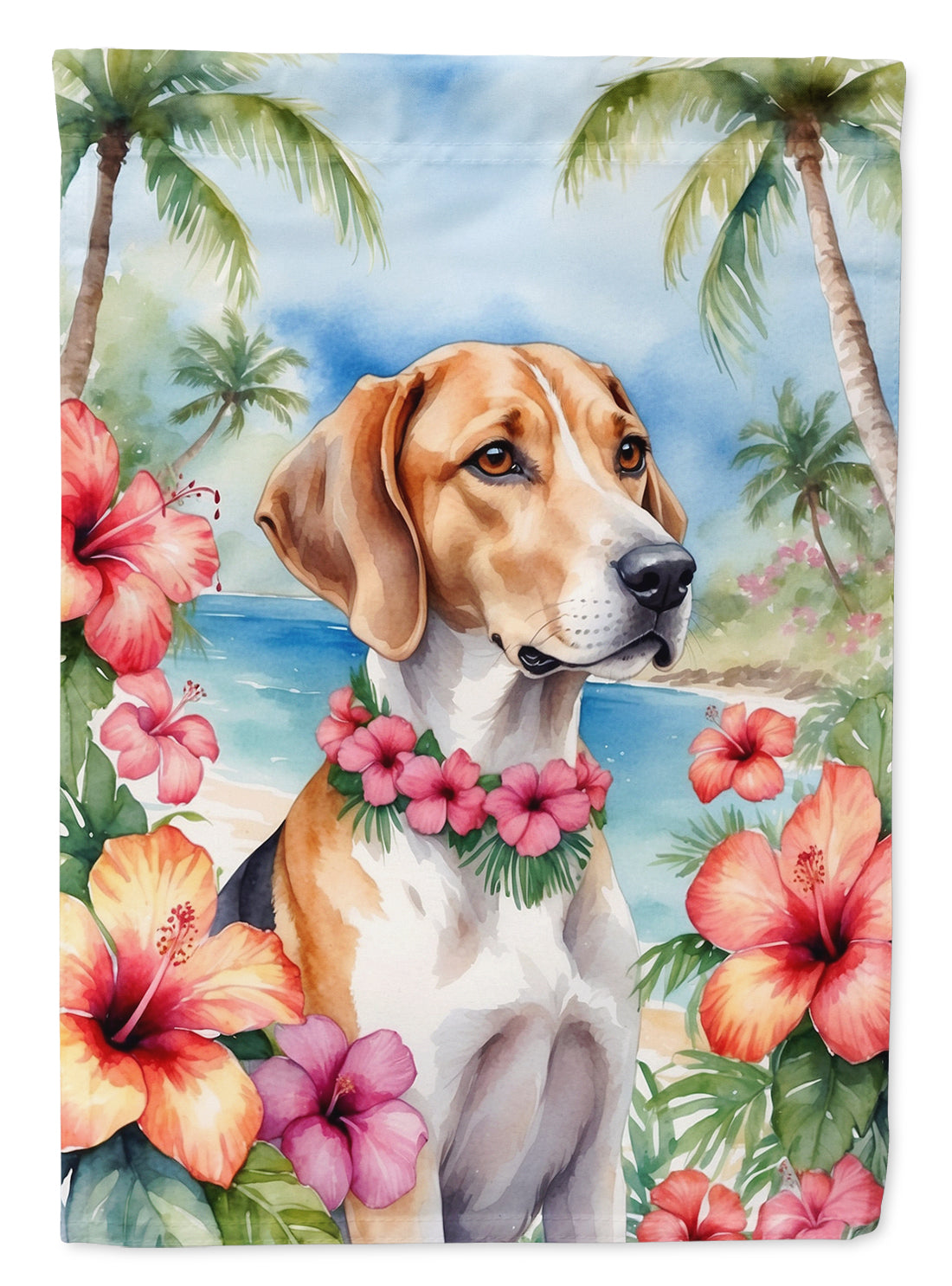 English Foxhound Luau House Flag 28x40 Porch Sleeve Pole Decorative Outside Yard Banner Artwork Wall Hanging, Polyester