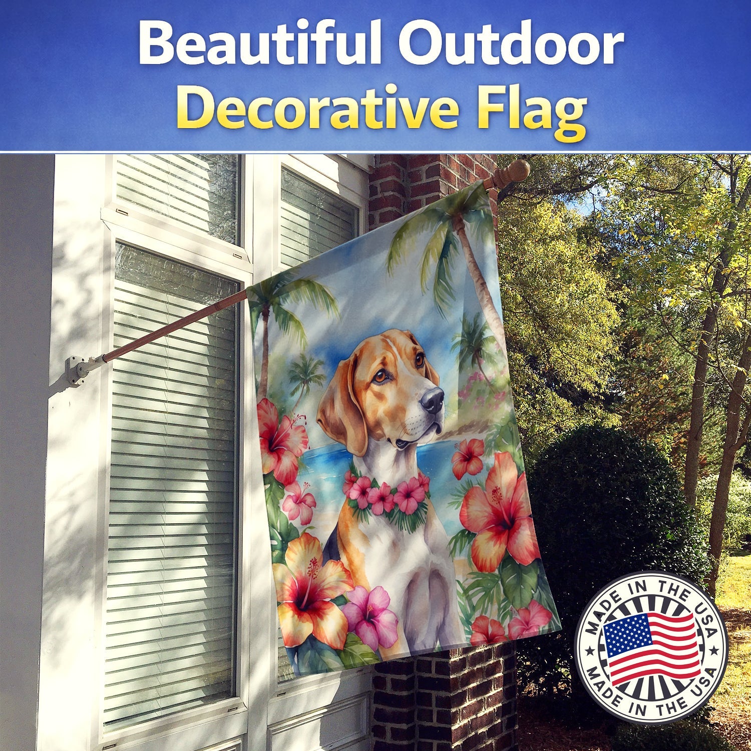 English Foxhound Luau House Flag 28x40 Porch Sleeve Pole Decorative Outside Yard Banner Artwork Wall Hanging, Polyester