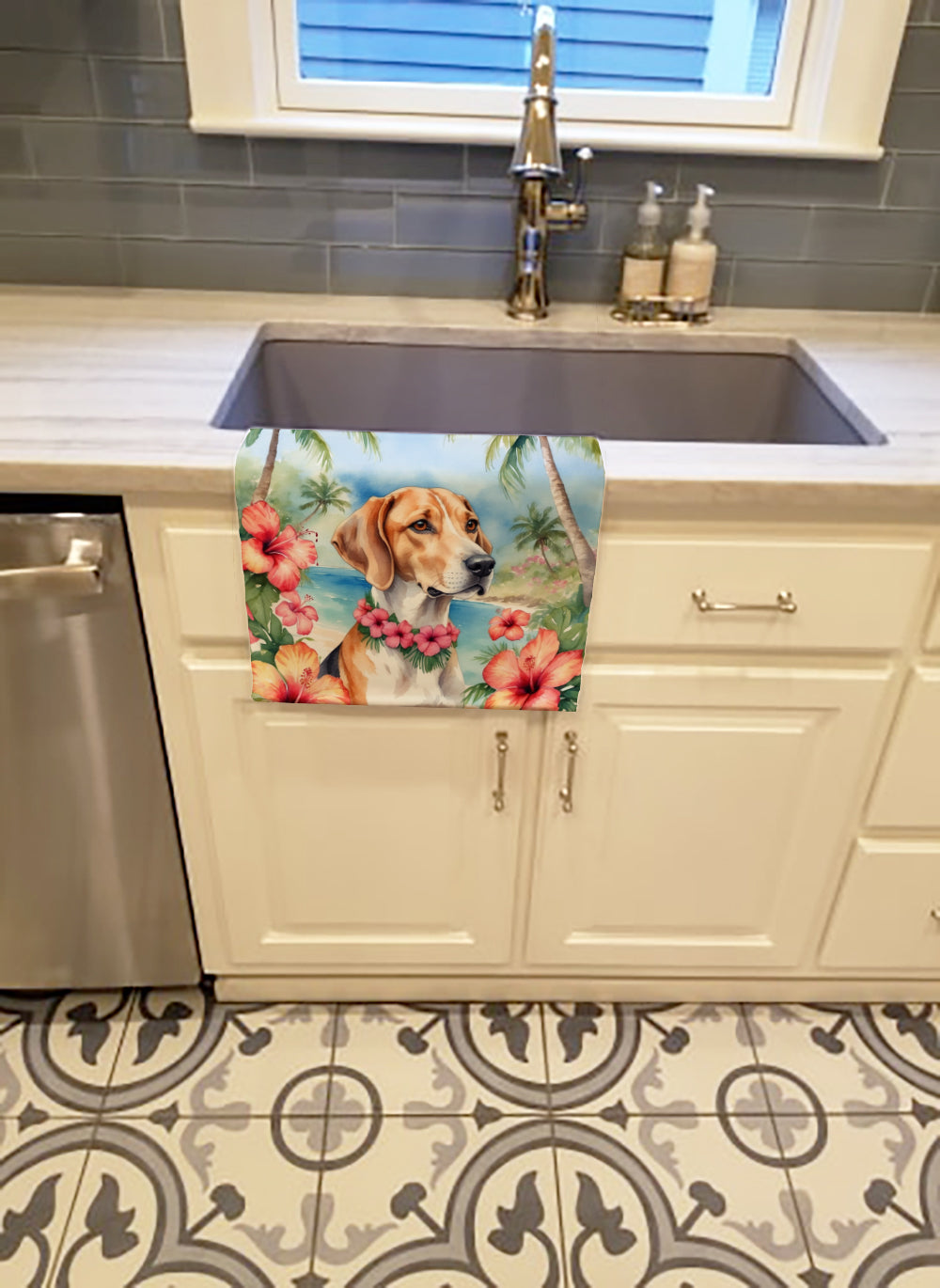 English Foxhound Luau Kitchen Towel Velour Plush Front and Cotton Loop Back Machine Washable
