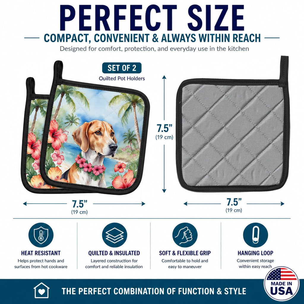 English Foxhound Luau Pot Holder Set of 2 Heat Resistant Quilted Hot Pads 7.5 x 7.5 Inch, Insulated Kitchen Trivets for Cooking & Baking