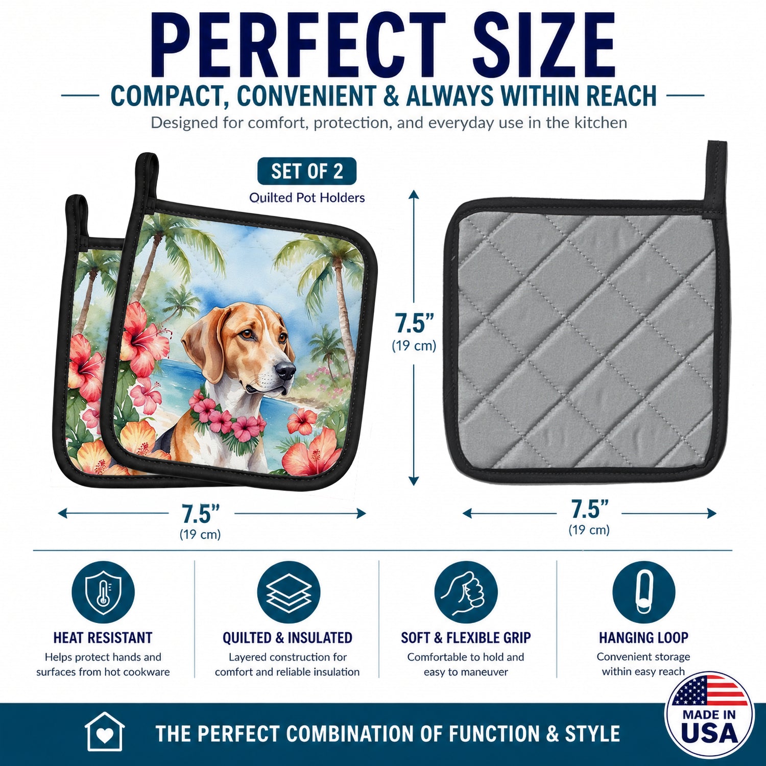 English Foxhound Luau Pot Holder Set of 2 Heat Resistant Quilted Hot Pads 7.5 x 7.5 Inch, Insulated Kitchen Trivets for Cooking & Baking
