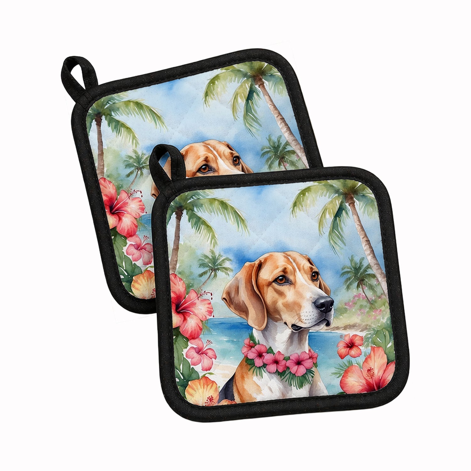 English Foxhound Luau Pot Holder Set of 2 Heat Resistant Quilted Hot Pads 7.5 x 7.5 Inch, Insulated Kitchen Trivets for Cooking & Baking