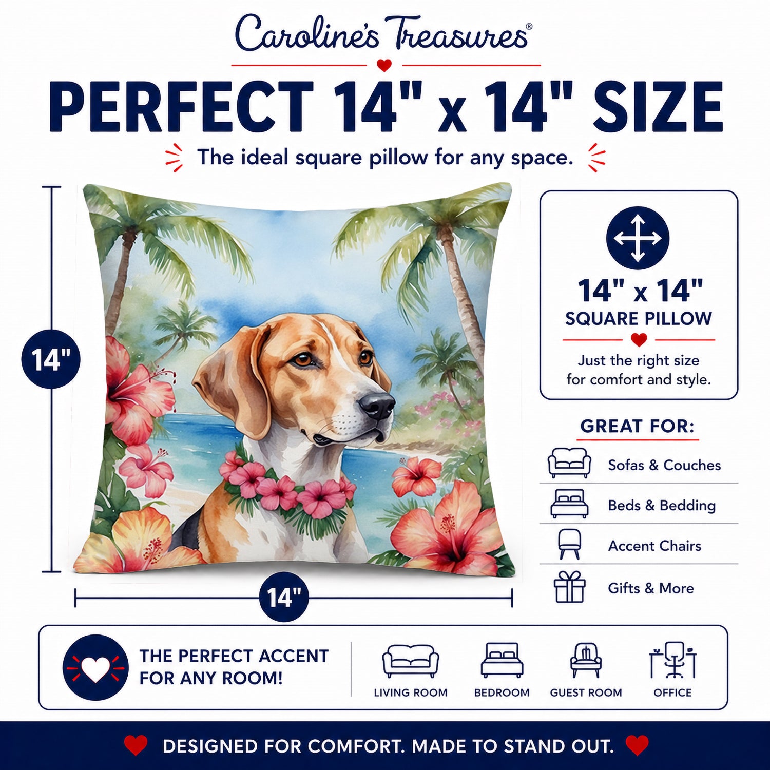 English Foxhound Luau Decorative Throw Pillow 14x14 Indoor Outdoor Accent Cushion, Fabric Cover with Insert for Sofa, Bed, Porch & Living Room