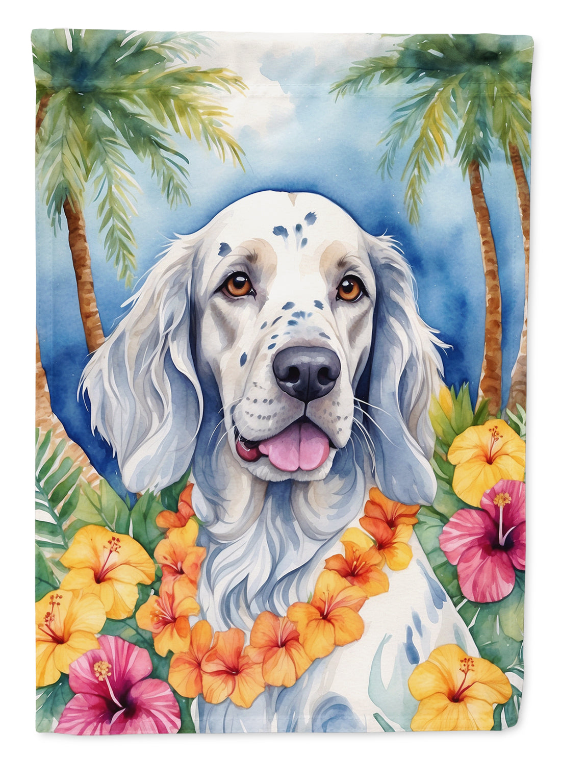English Setter Luau House Flag 28x40 Porch Sleeve Pole Decorative Outside Yard Banner Artwork Wall Hanging, Polyester