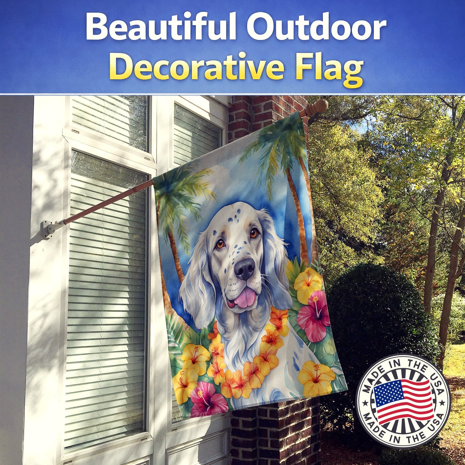 English Setter Luau House Flag 28x40 Porch Sleeve Pole Decorative Outside Yard Banner Artwork Wall Hanging, Polyester