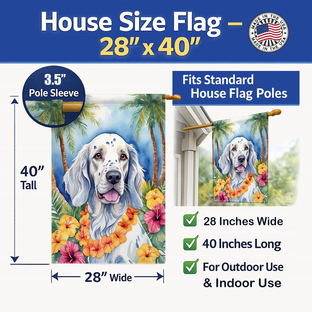 English Setter Luau House Flag 28x40 Porch Sleeve Pole Decorative Outside Yard Banner Artwork Wall Hanging, Polyester