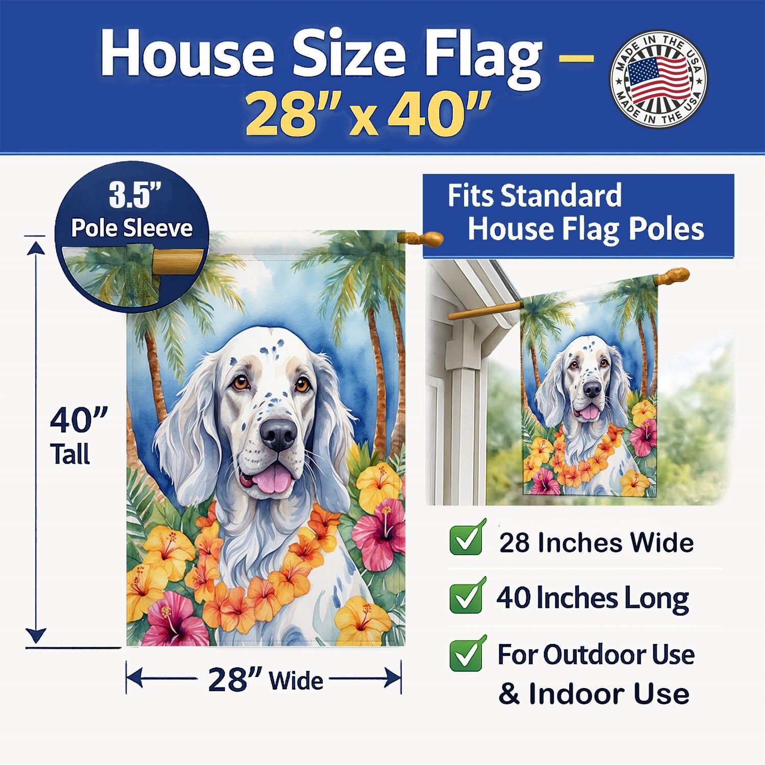English Setter Luau House Flag 28x40 Porch Sleeve Pole Decorative Outside Yard Banner Artwork Wall Hanging, Polyester