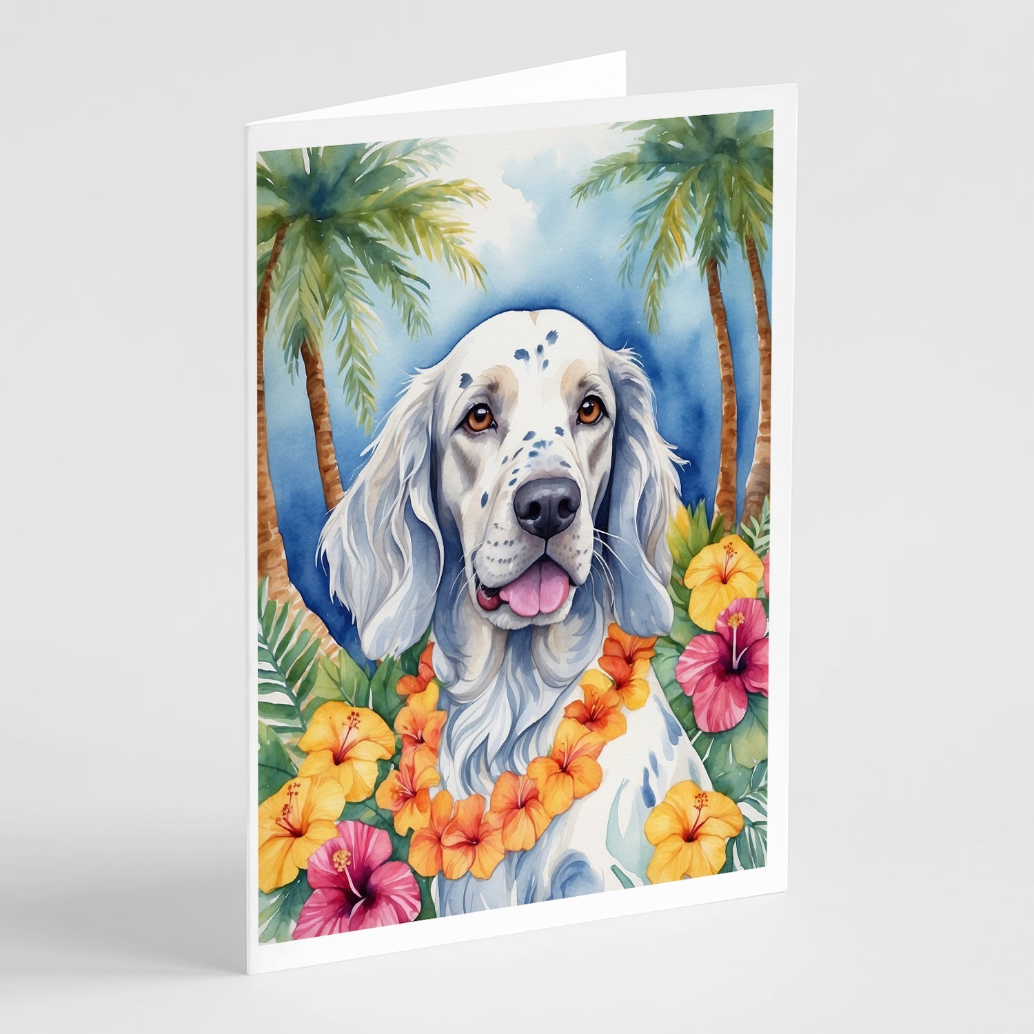 English Setter Luau Greeting Cards Pack of 8 Blank Cards with Envelopes Whimsical A7 Size 5x7