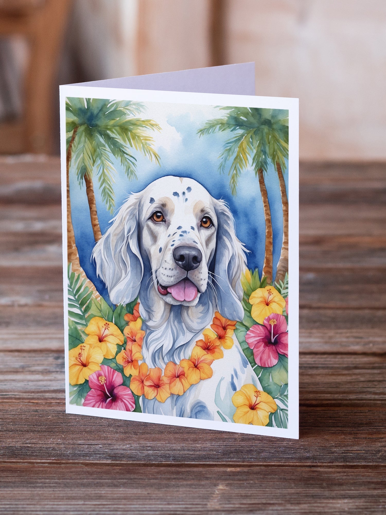 English Setter Luau Greeting Cards Pack of 8 Blank Cards with Envelopes Whimsical A7 Size 5x7