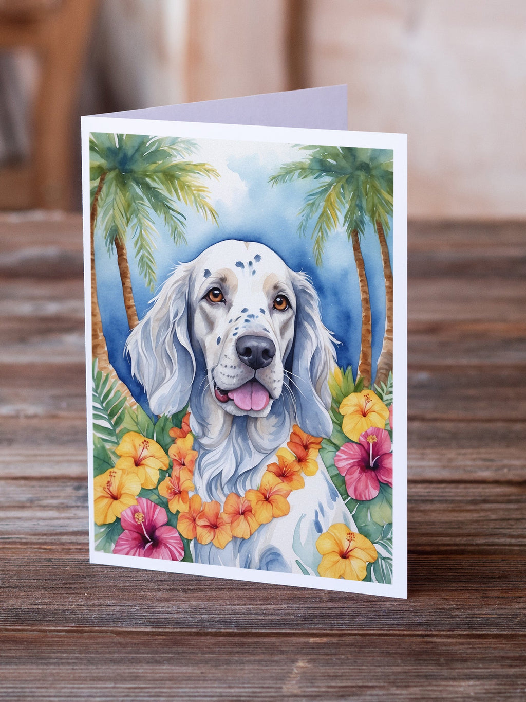 English Setter Luau Greeting Cards Pack of 8 Blank Cards with Envelopes Whimsical A7 Size 5x7