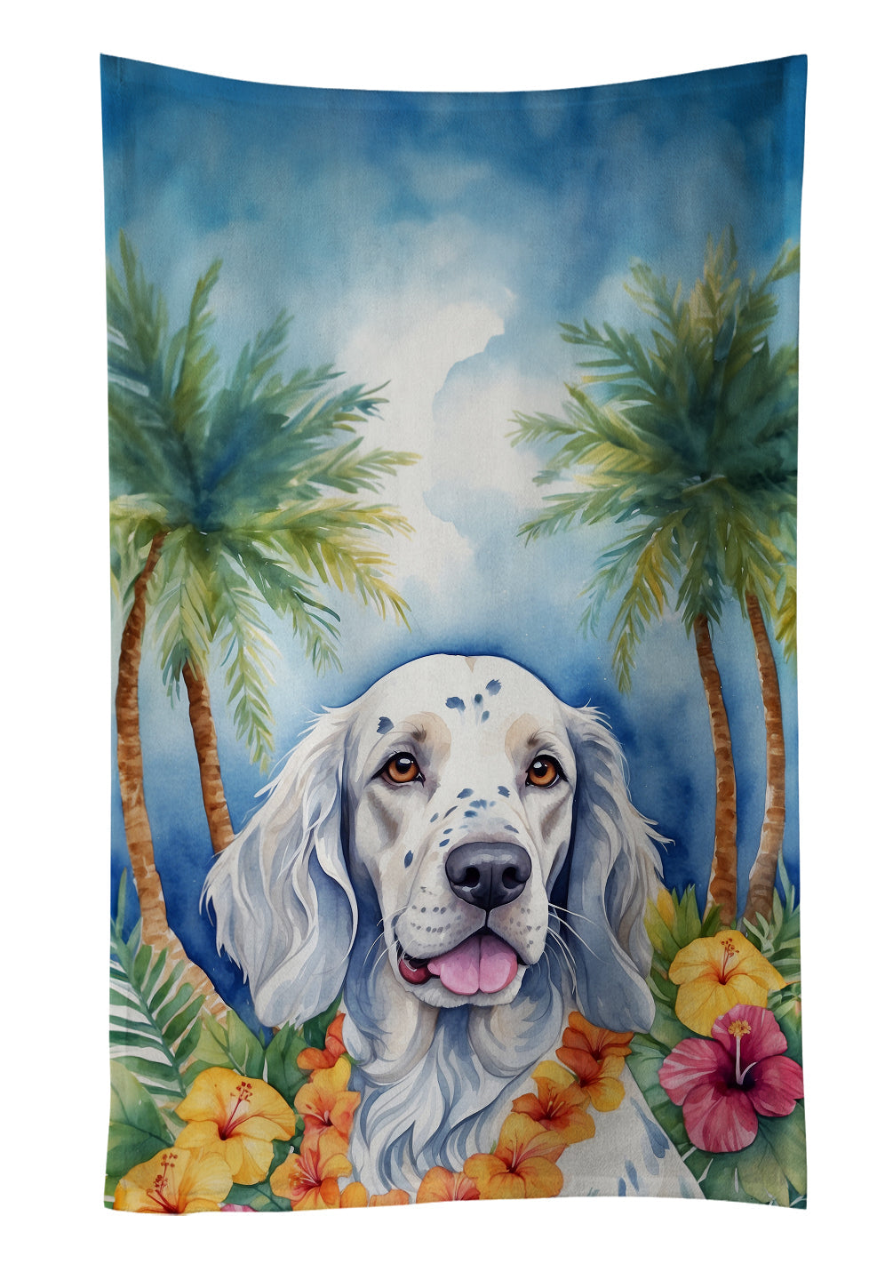 English Setter Luau Kitchen Towel Velour Plush Front and Cotton Loop Back Machine Washable