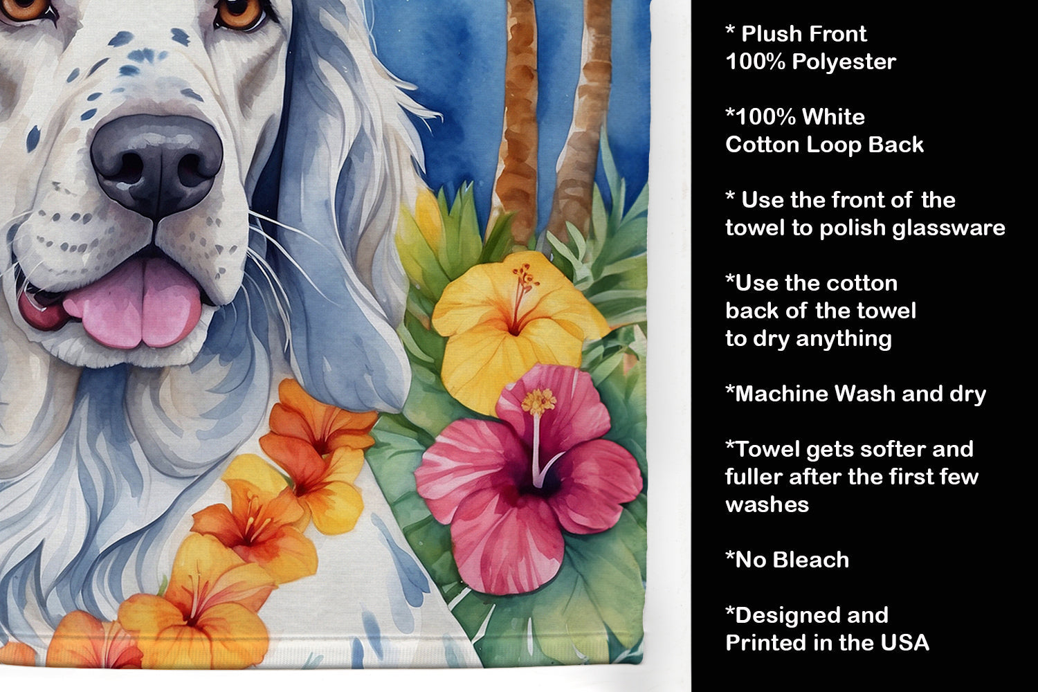 English Setter Luau Kitchen Towel Velour Plush Front and Cotton Loop Back Machine Washable