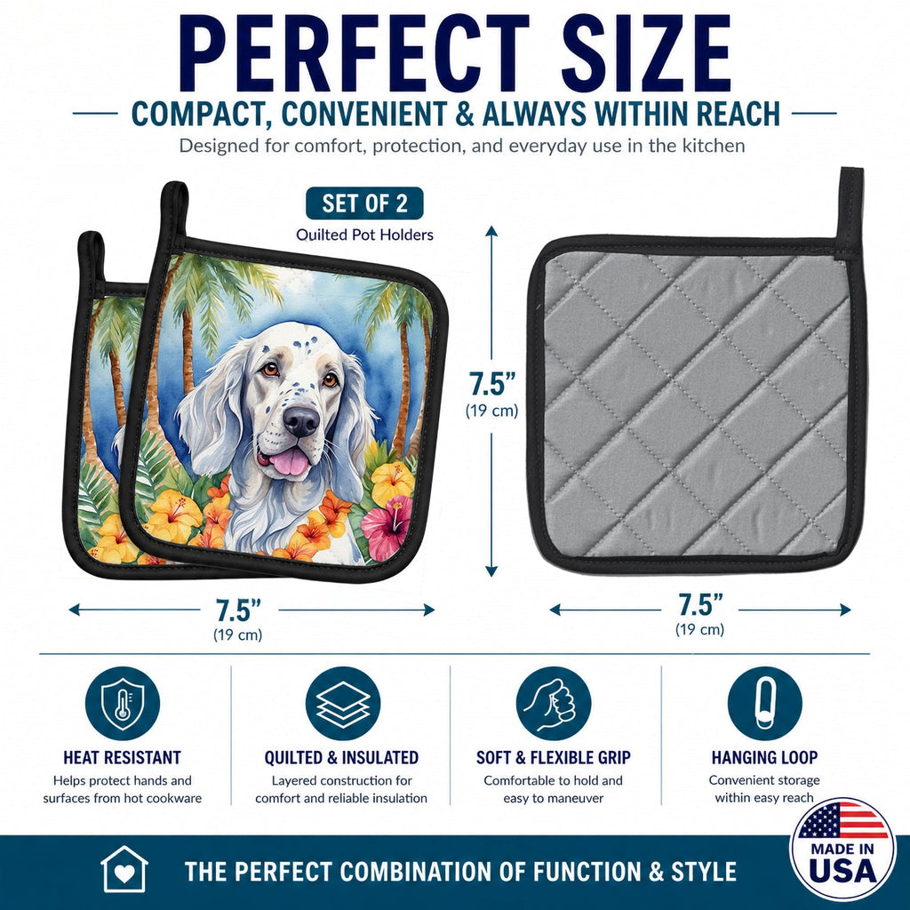 English Setter Luau Pot Holder Set of 2 Heat Resistant Quilted Hot Pads 7.5 x 7.5 Inch, Insulated Kitchen Trivets for Cooking & Baking