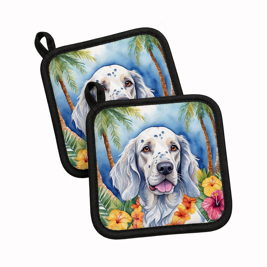 English Setter Luau Pot Holder Set of 2 Heat Resistant Quilted Hot Pads 7.5 x 7.5 Inch, Insulated Kitchen Trivets for Cooking & Baking