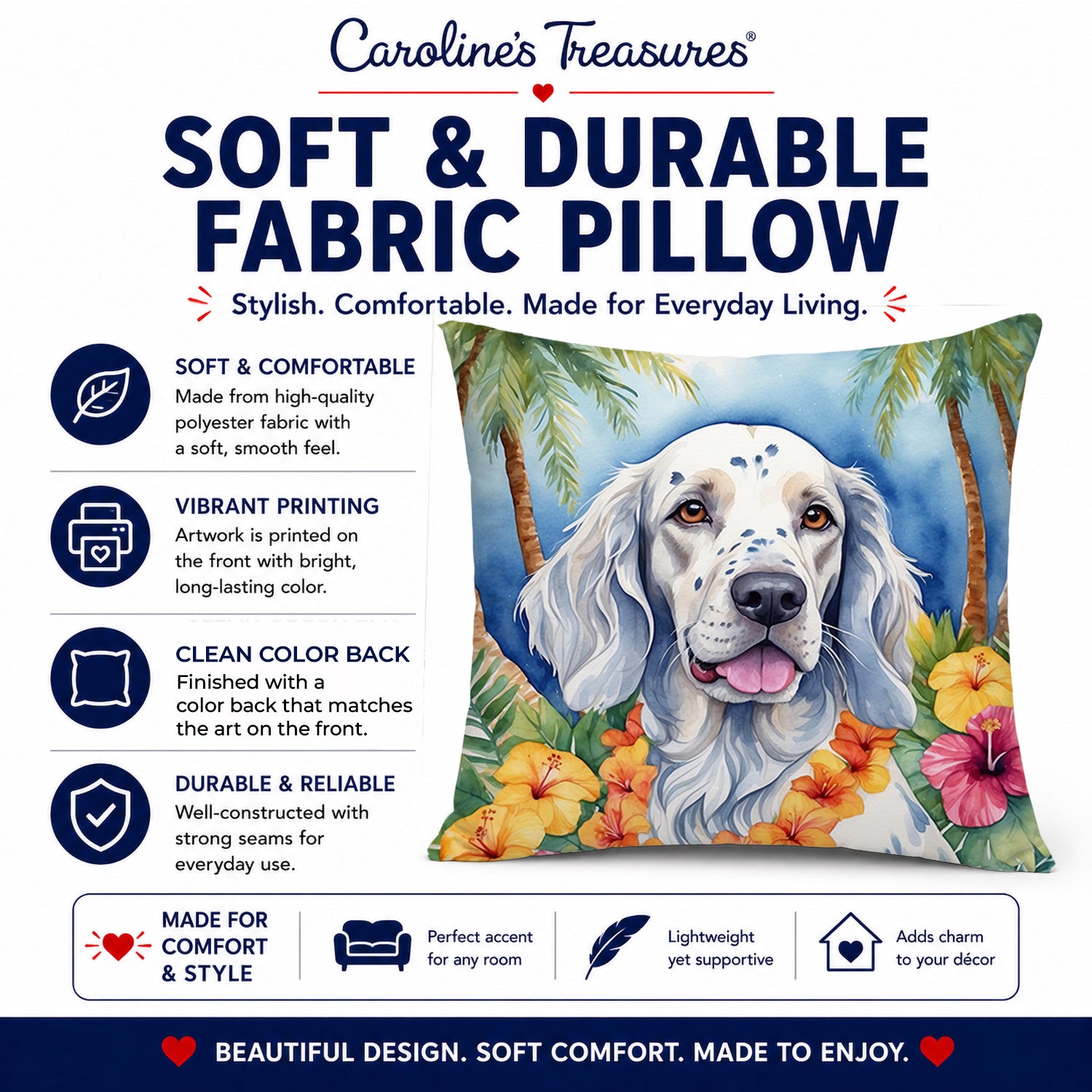 English Setter Luau Decorative Throw Pillow 14x14 Indoor Outdoor Accent Cushion, Fabric Cover with Insert for Sofa, Bed, Porch & Living Room