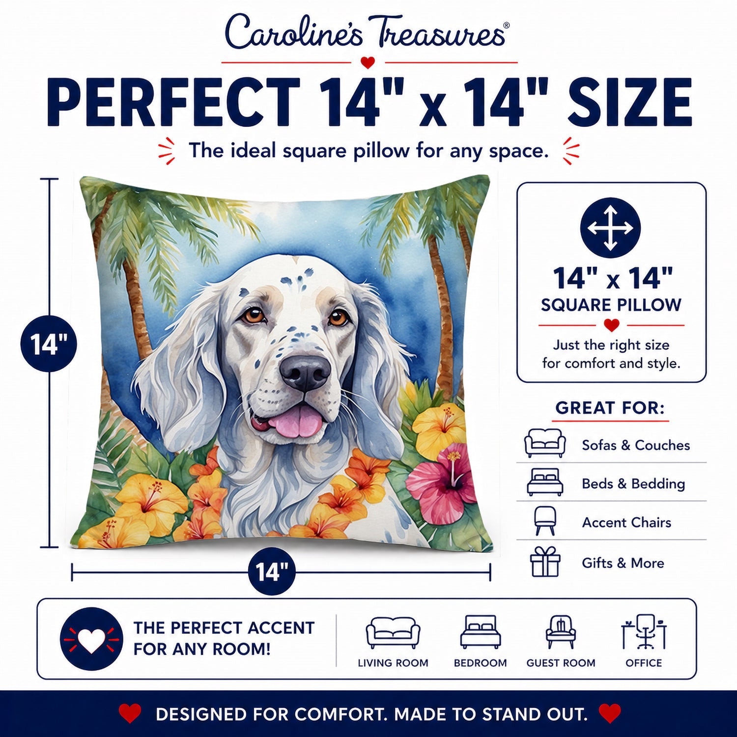 English Setter Luau Decorative Throw Pillow 14x14 Indoor Outdoor Accent Cushion, Fabric Cover with Insert for Sofa, Bed, Porch & Living Room