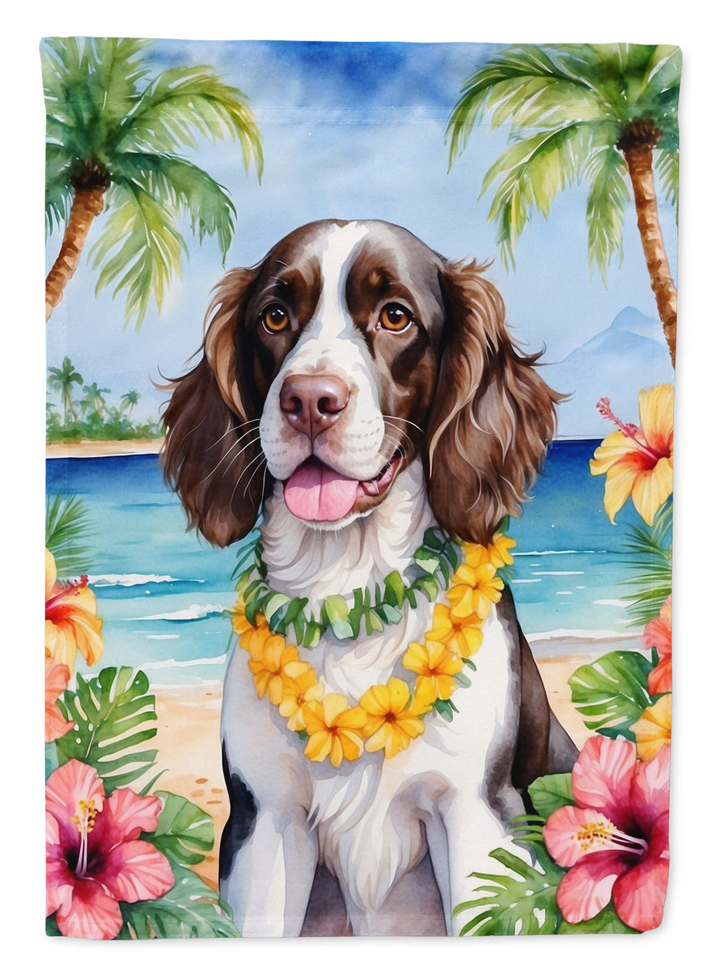 English Springer Spaniel Luau House Flag 28x40 Porch Sleeve Pole Decorative Outside Yard Banner Artwork Wall Hanging, Polyester