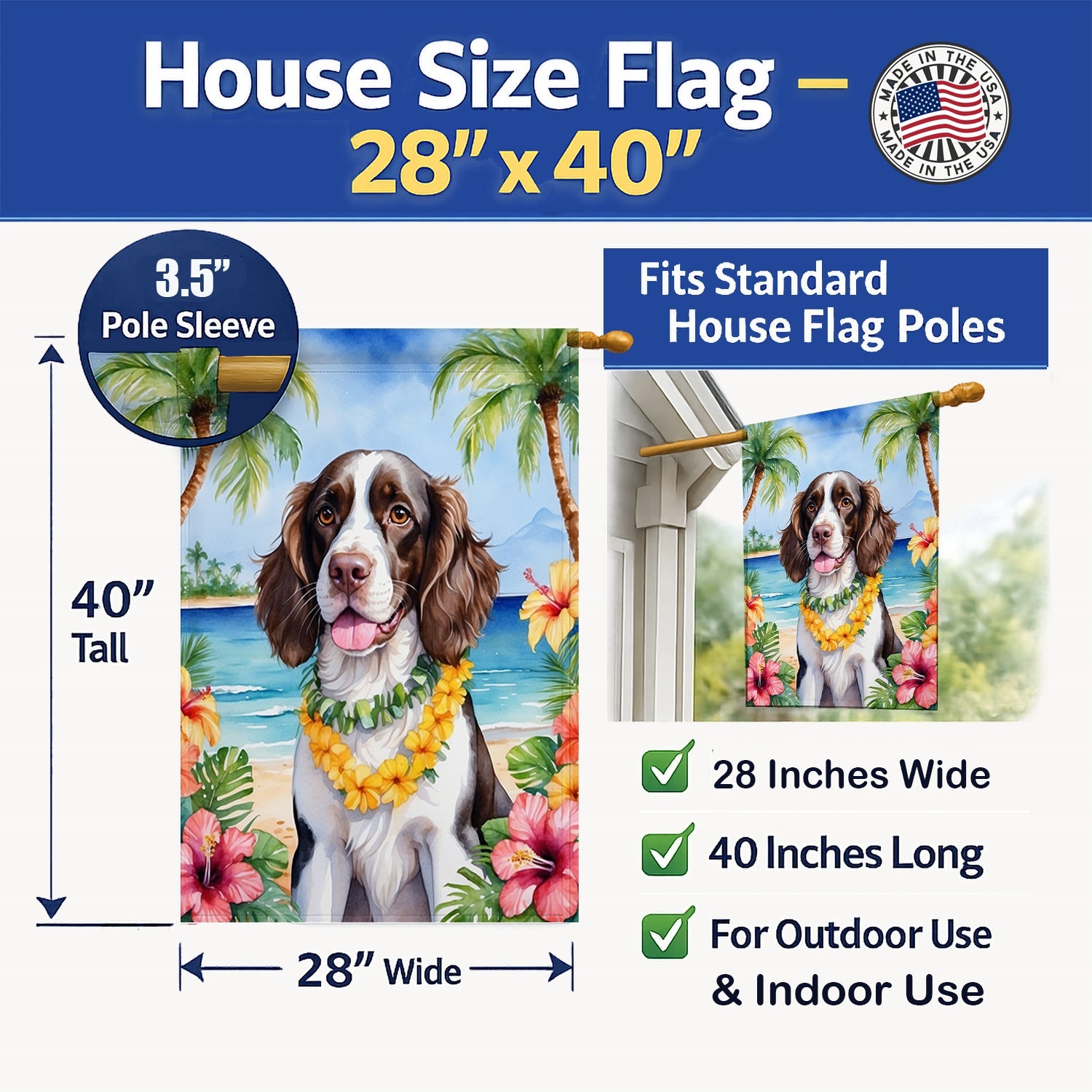 English Springer Spaniel Luau House Flag 28x40 Porch Sleeve Pole Decorative Outside Yard Banner Artwork Wall Hanging, Polyester