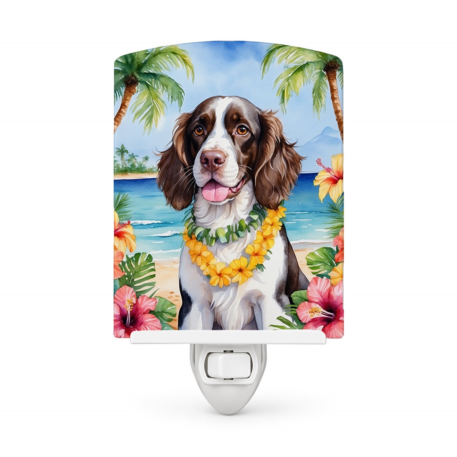 English Springer Spaniel Luau Ceramic Night Light Compact, UL-Certified, Ideal for Bedroom, Bathroom, Nursery, Hallway, Kitchen, 6x4x3, Multicolor