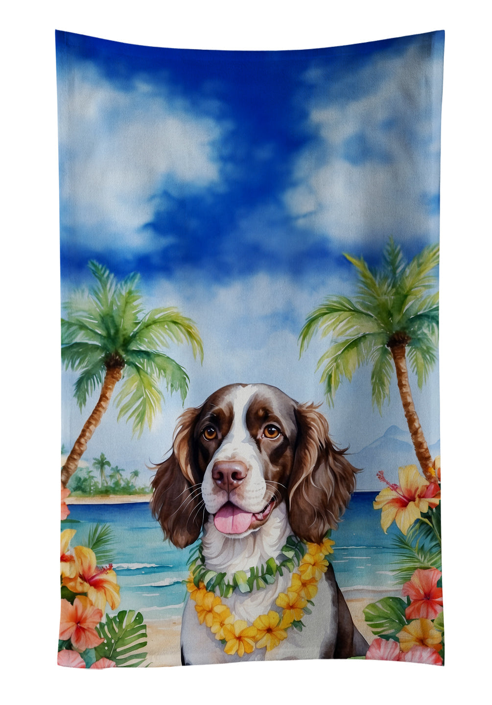 English Springer Spaniel Luau Kitchen Towel Velour Plush Front and Cotton Loop Back Machine Washable