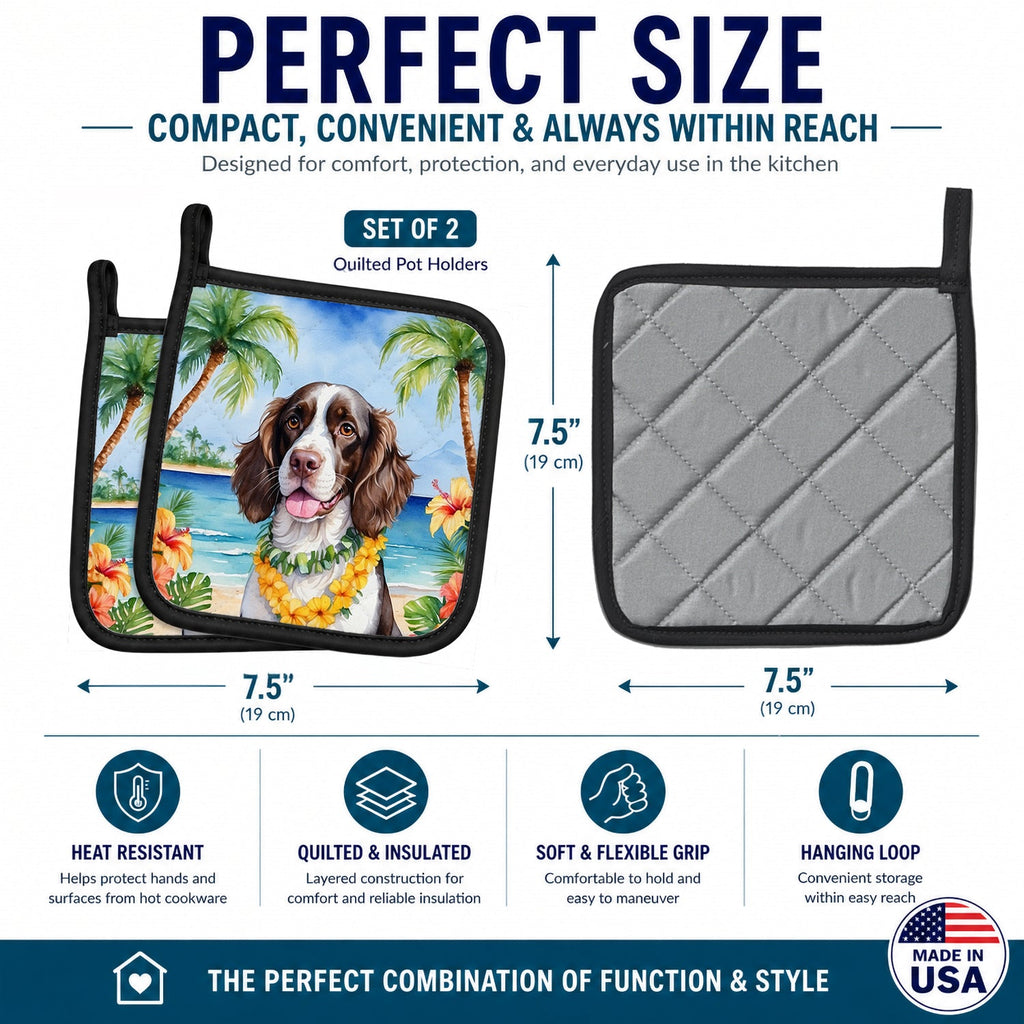 English Springer Spaniel Luau Pot Holder Set of 2 Heat Resistant Quilted Hot Pads 7.5 x 7.5 Inch, Insulated Kitchen Trivets for Cooking & Baking