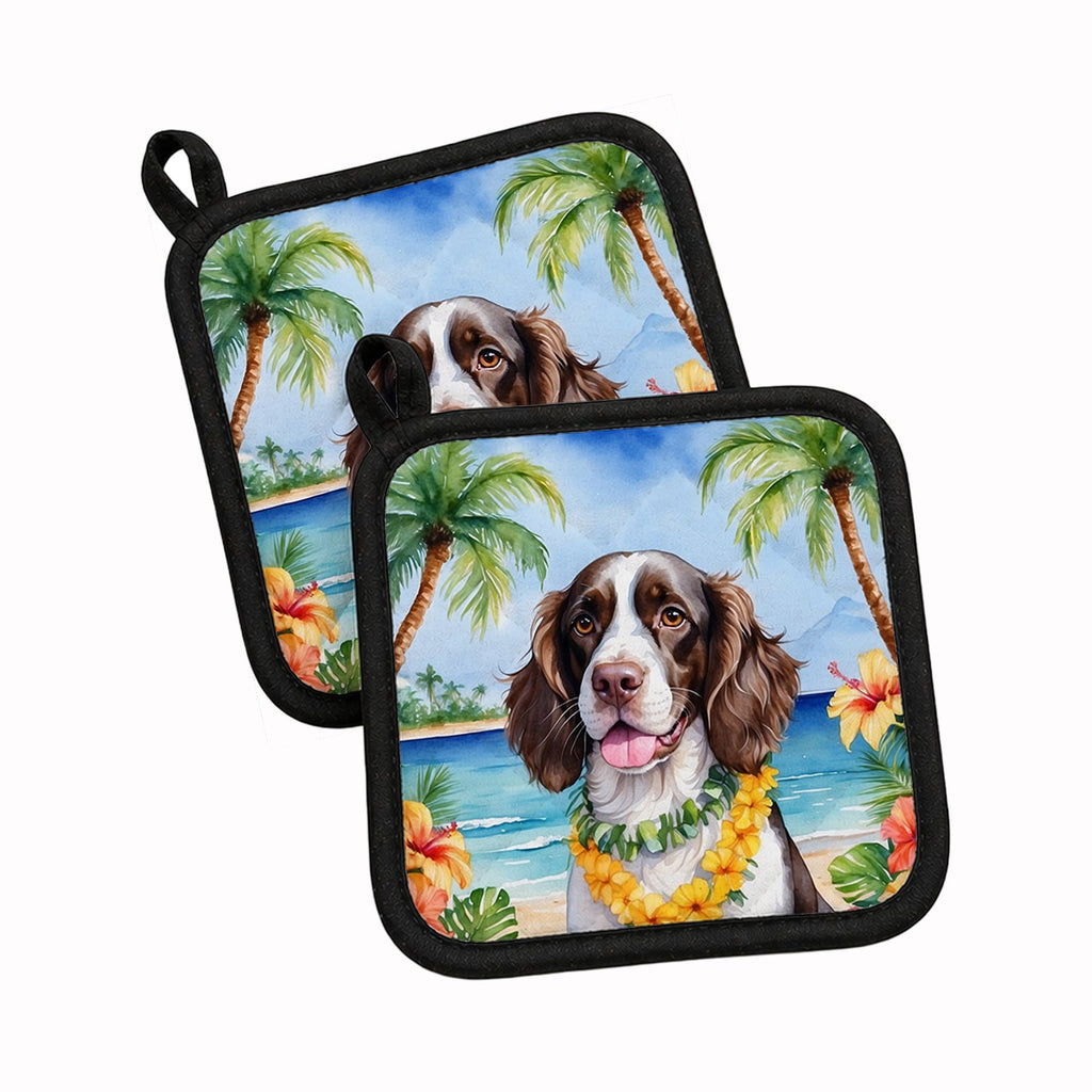 English Springer Spaniel Luau Pot Holder Set of 2 Heat Resistant Quilted Hot Pads 7.5 x 7.5 Inch, Insulated Kitchen Trivets for Cooking & Baking
