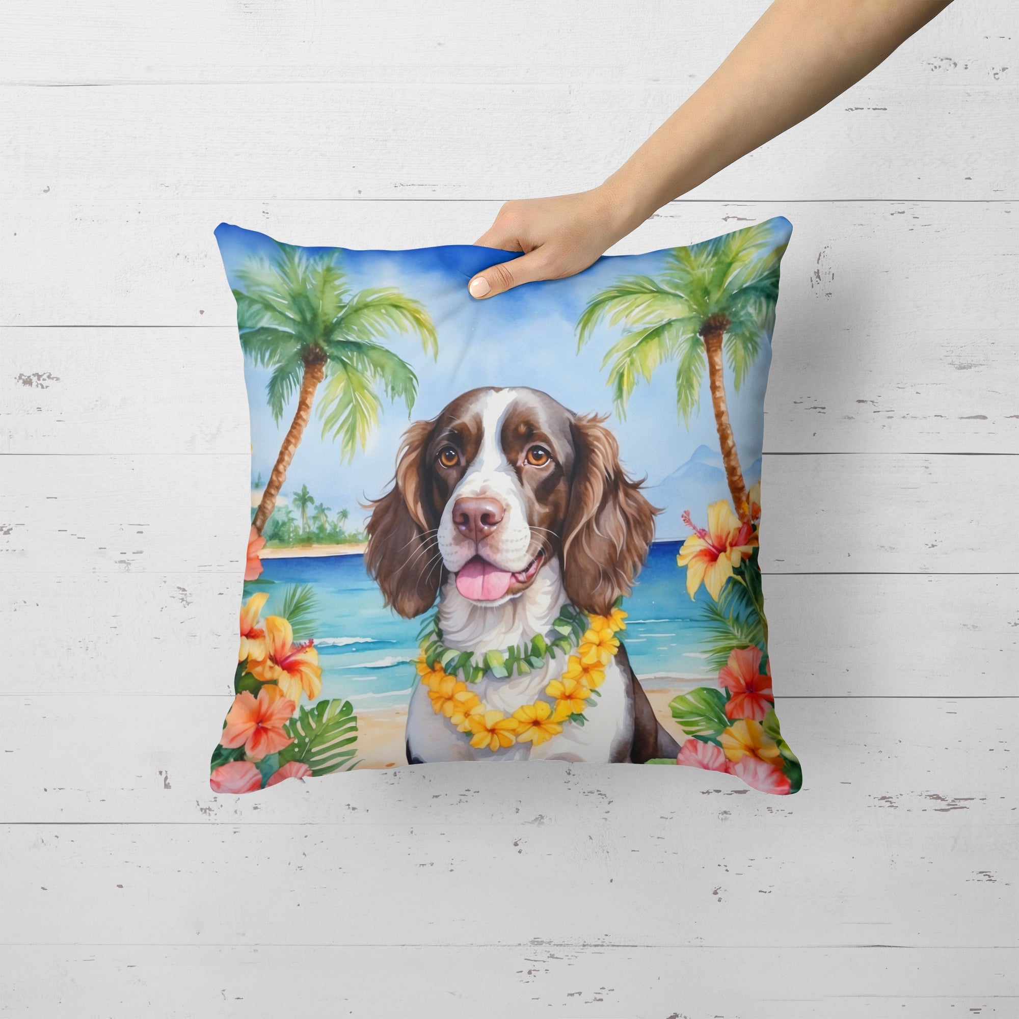 English Springer Spaniel Luau Decorative Throw Pillow 18x18 Indoor Outdoor Accent Cushion, Fabric Cover with Insert for Sofa, Bed, Porch & Living Room