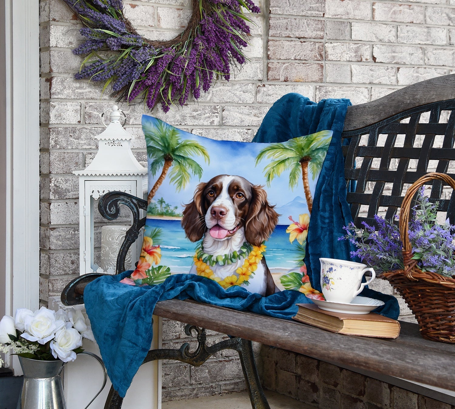 English Springer Spaniel Luau Decorative Throw Pillow 18x18 Indoor Outdoor Accent Cushion, Fabric Cover with Insert for Sofa, Bed, Porch & Living Room