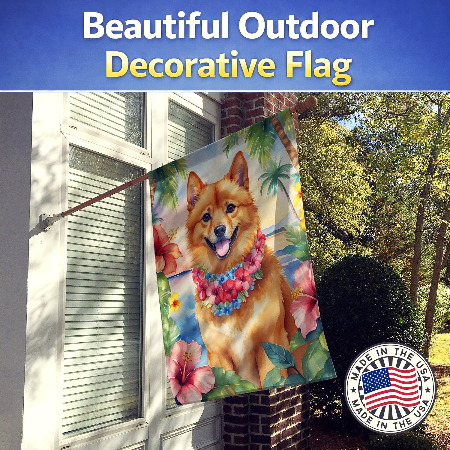 Finnish Spitz Luau House Flag 28x40 Porch Sleeve Pole Decorative Outside Yard Banner Artwork Wall Hanging, Polyester
