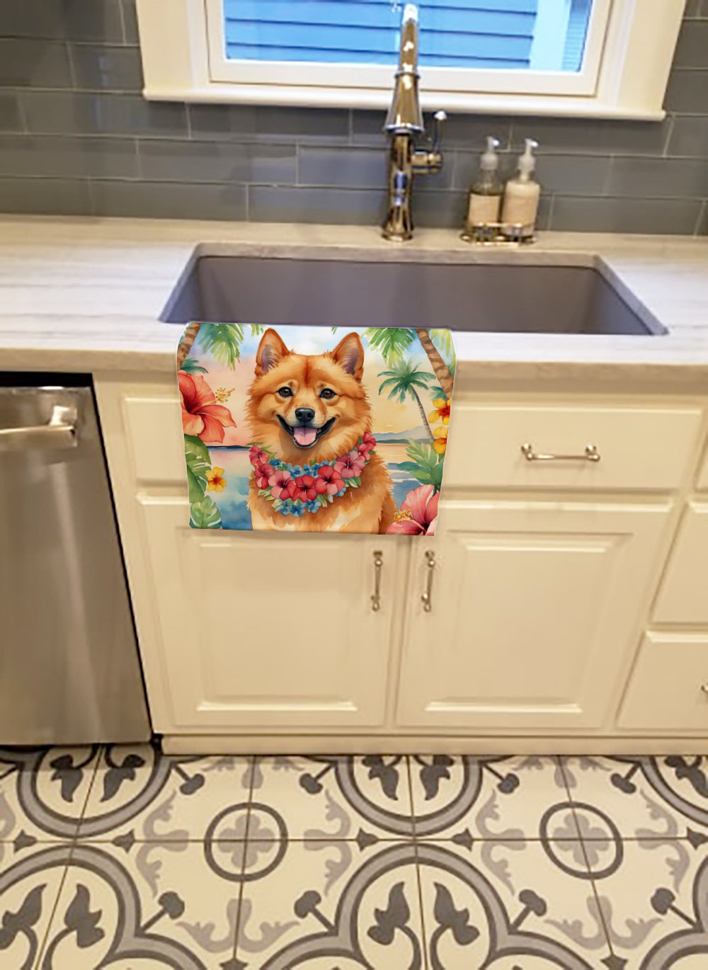 Finnish Spitz Luau Kitchen Towel Velour Plush Front and Cotton Loop Back Machine Washable