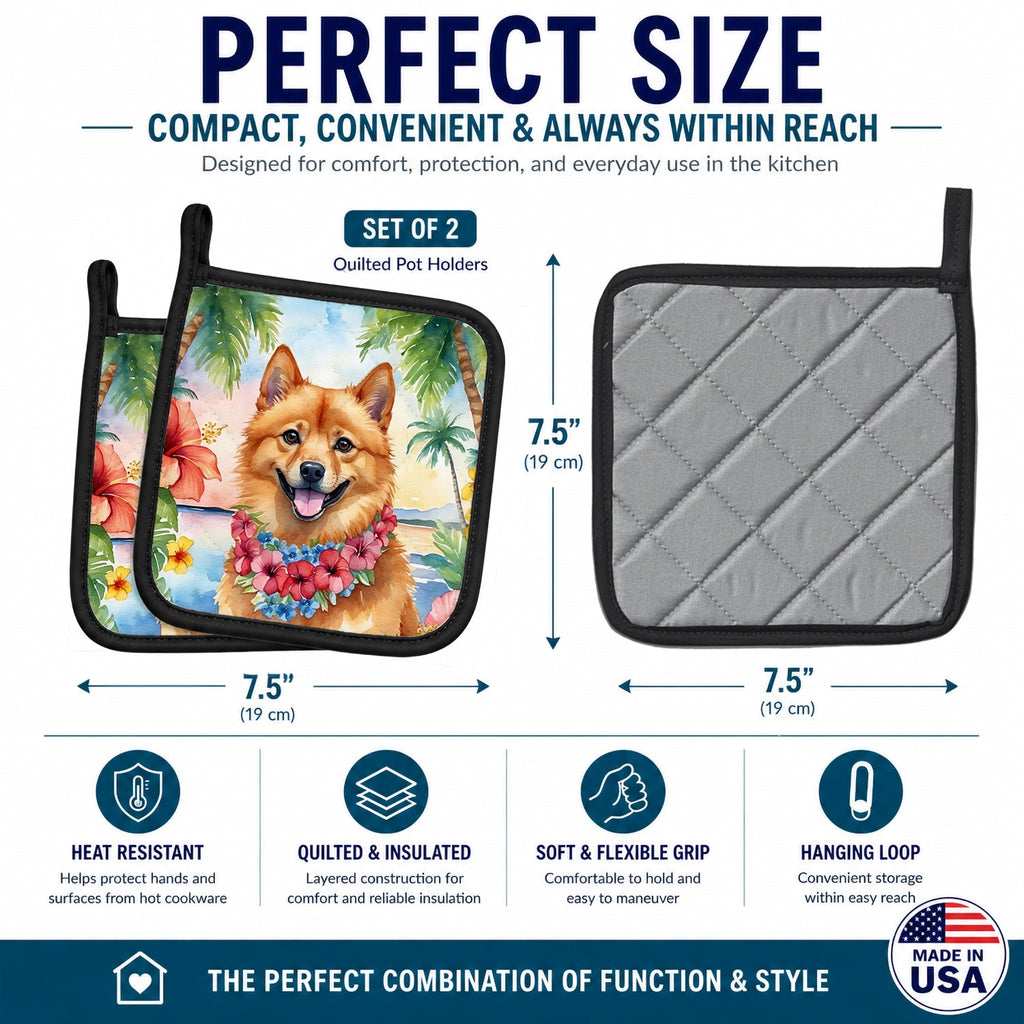 Finnish Spitz Luau Pot Holder Set of 2 Heat Resistant Quilted Hot Pads 7.5 x 7.5 Inch, Insulated Kitchen Trivets for Cooking & Baking