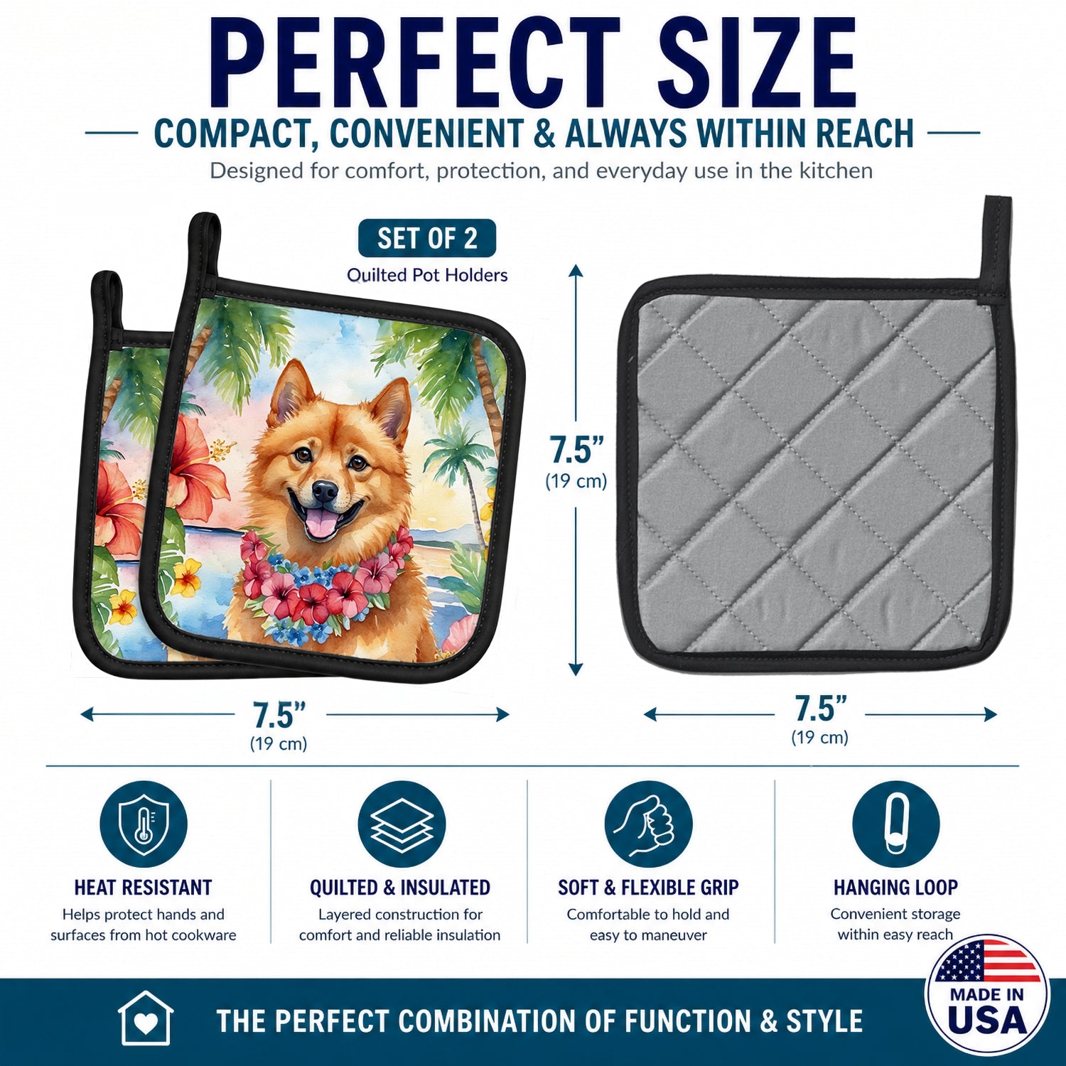 Finnish Spitz Luau Pot Holder Set of 2 Heat Resistant Quilted Hot Pads 7.5 x 7.5 Inch, Insulated Kitchen Trivets for Cooking & Baking