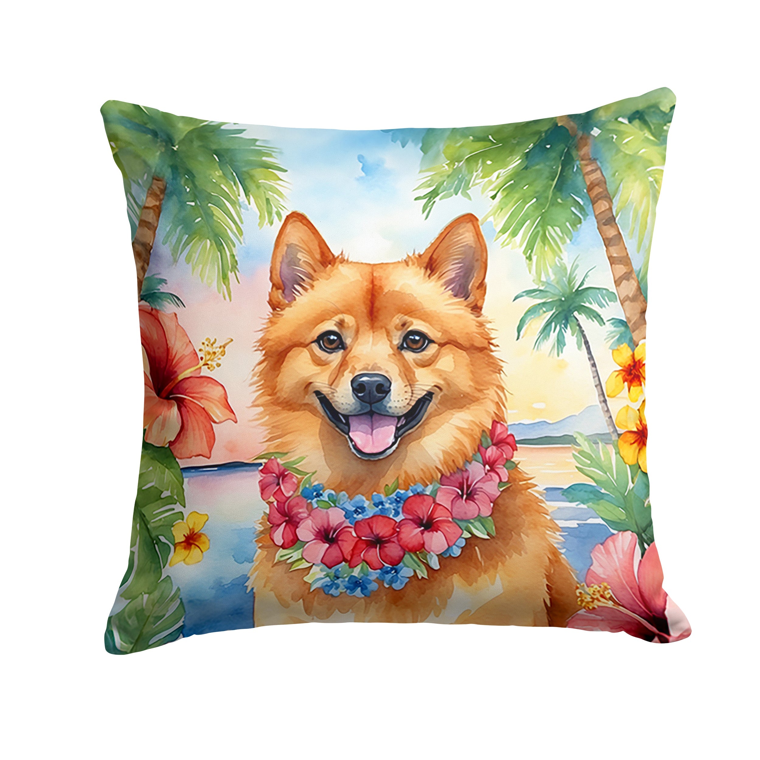 Finnish Spitz Luau Decorative Throw Pillow 14x14 Indoor Outdoor Accent Cushion, Fabric Cover with Insert for Sofa, Bed, Porch & Living Room