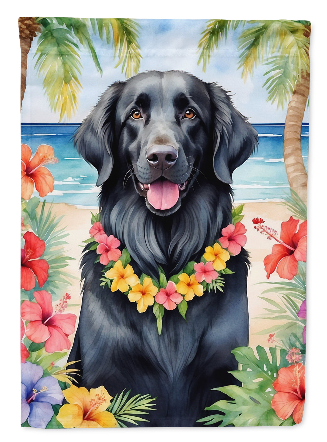 Flat-Coated Retriever Luau House Flag 28x40 Porch Sleeve Pole Decorative Outside Yard Banner Artwork Wall Hanging, Polyester