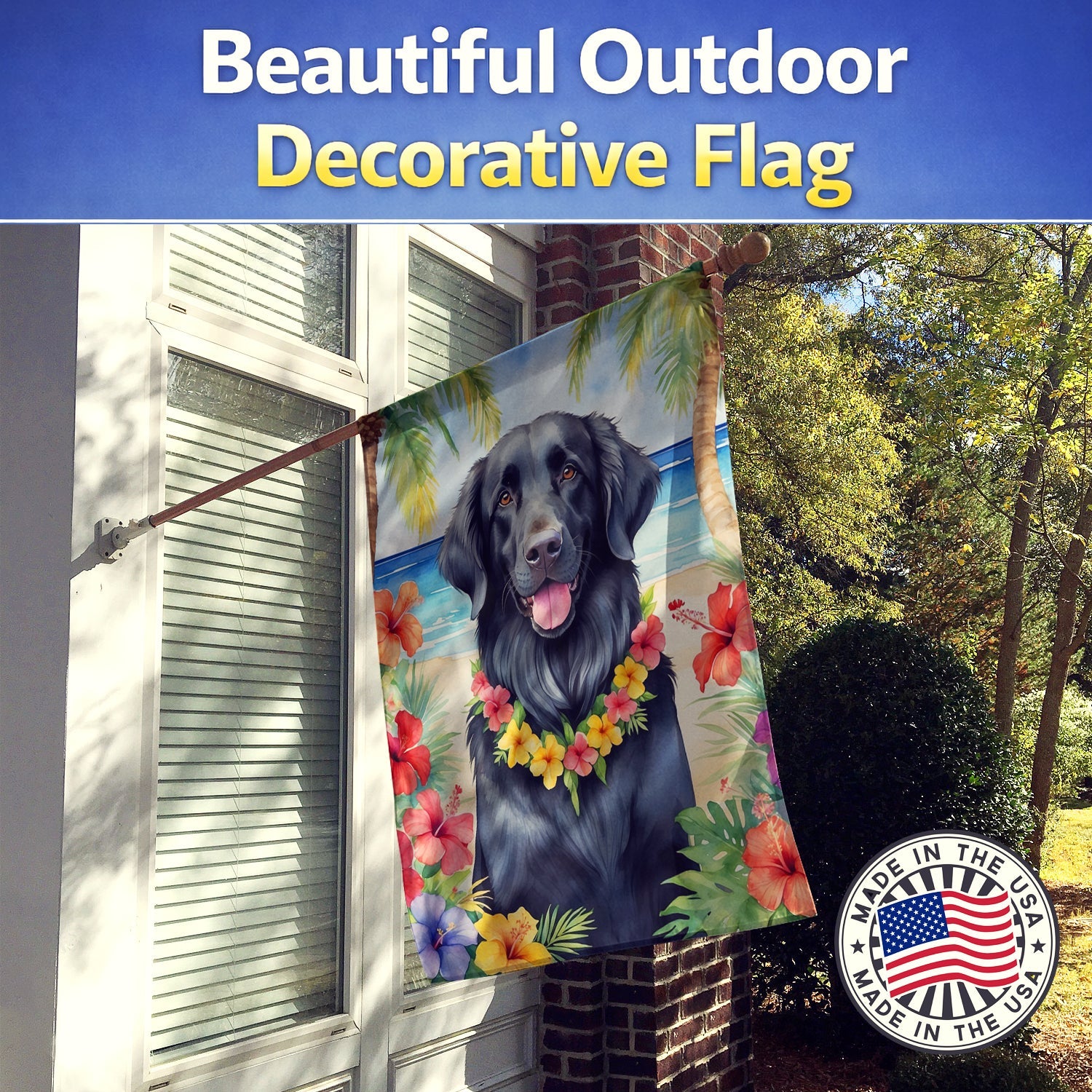 Flat-Coated Retriever Luau House Flag 28x40 Porch Sleeve Pole Decorative Outside Yard Banner Artwork Wall Hanging, Polyester