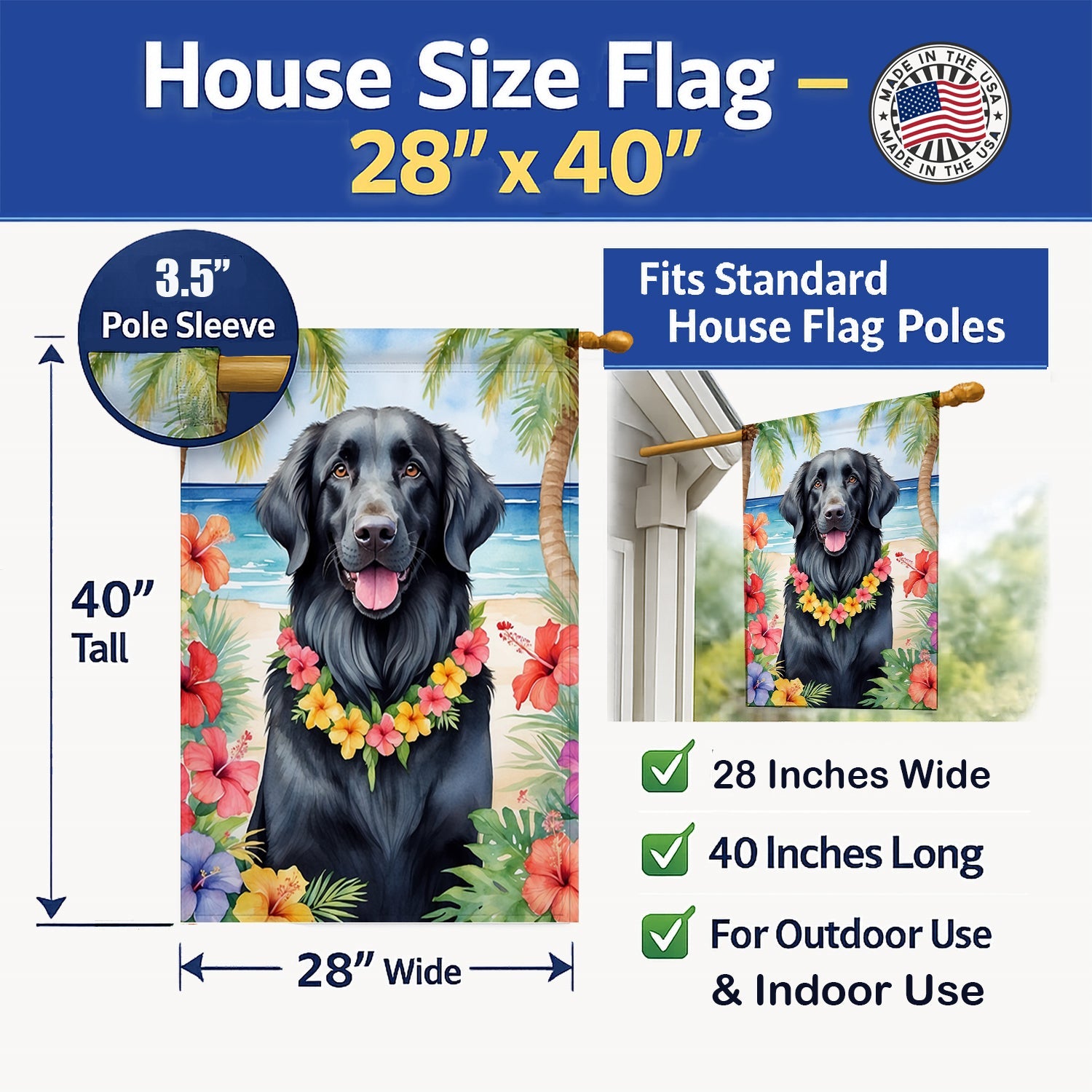 Flat-Coated Retriever Luau House Flag 28x40 Porch Sleeve Pole Decorative Outside Yard Banner Artwork Wall Hanging, Polyester