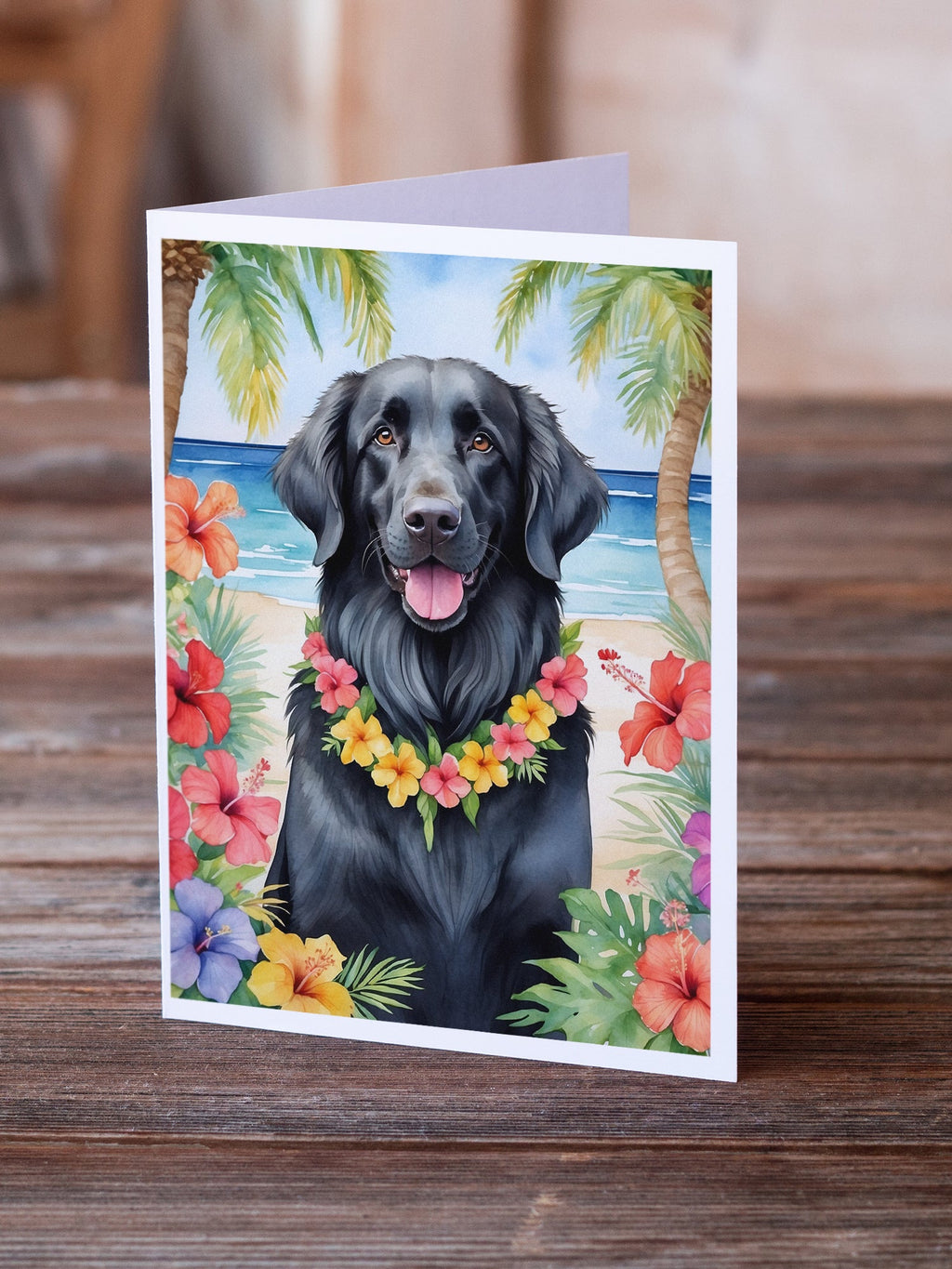 Flat-Coated Retriever Luau Greeting Cards Pack of 8 Blank Cards with Envelopes Whimsical A7 Size 5x7