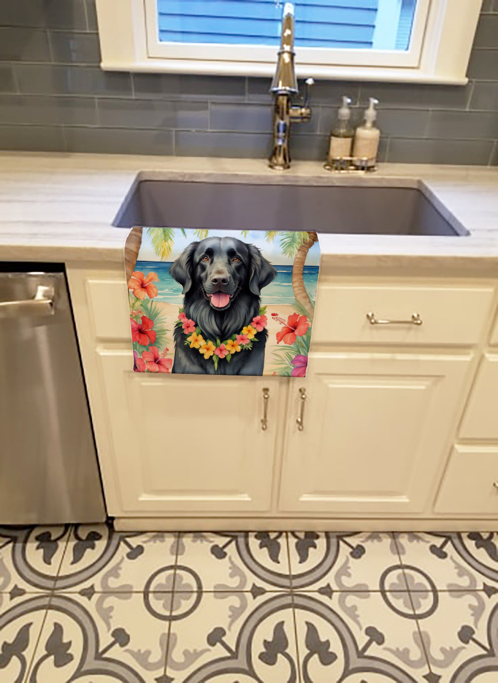 Flat-Coated Retriever Luau Kitchen Towel Velour Plush Front and Cotton Loop Back Machine Washable