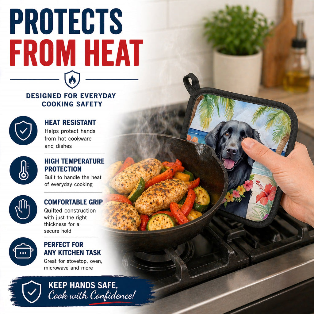 Flat-Coated Retriever Luau Pot Holder Set of 2 Heat Resistant Quilted Hot Pads 7.5 x 7.5 Inch, Insulated Kitchen Trivets for Cooking & Baking
