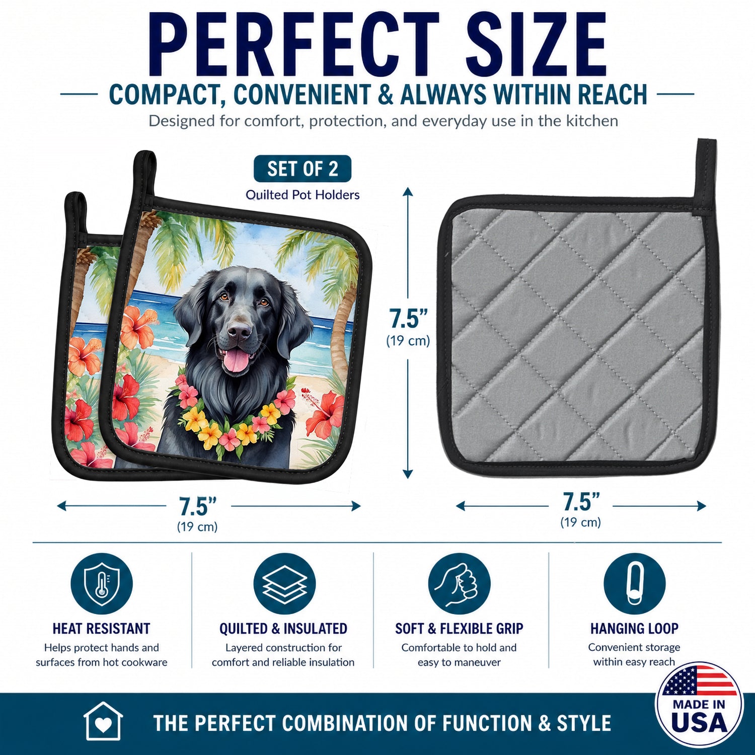 Flat-Coated Retriever Luau Pot Holder Set of 2 Heat Resistant Quilted Hot Pads 7.5 x 7.5 Inch, Insulated Kitchen Trivets for Cooking & Baking