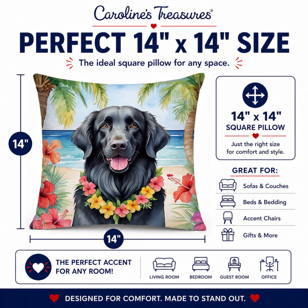 Flat-Coated Retriever Luau Decorative Throw Pillow 14x14 Indoor Outdoor Accent Cushion, Fabric Cover with Insert for Sofa, Bed, Porch & Living Room