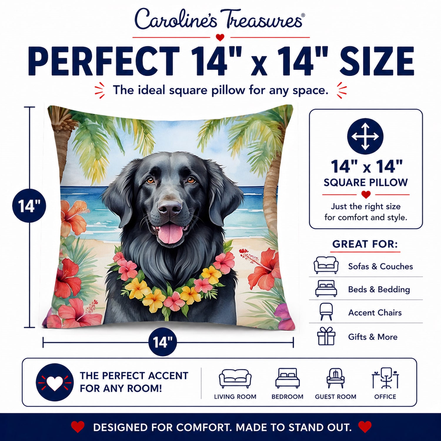 Flat-Coated Retriever Luau Decorative Throw Pillow 14x14 Indoor Outdoor Accent Cushion, Fabric Cover with Insert for Sofa, Bed, Porch & Living Room
