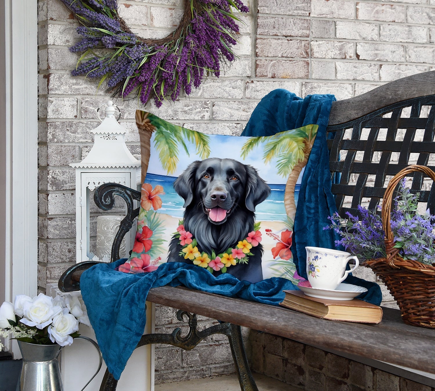 Flat-Coated Retriever Luau Decorative Throw Pillow 18x18 Indoor Outdoor Accent Cushion, Fabric Cover with Insert for Sofa, Bed, Porch & Living Room