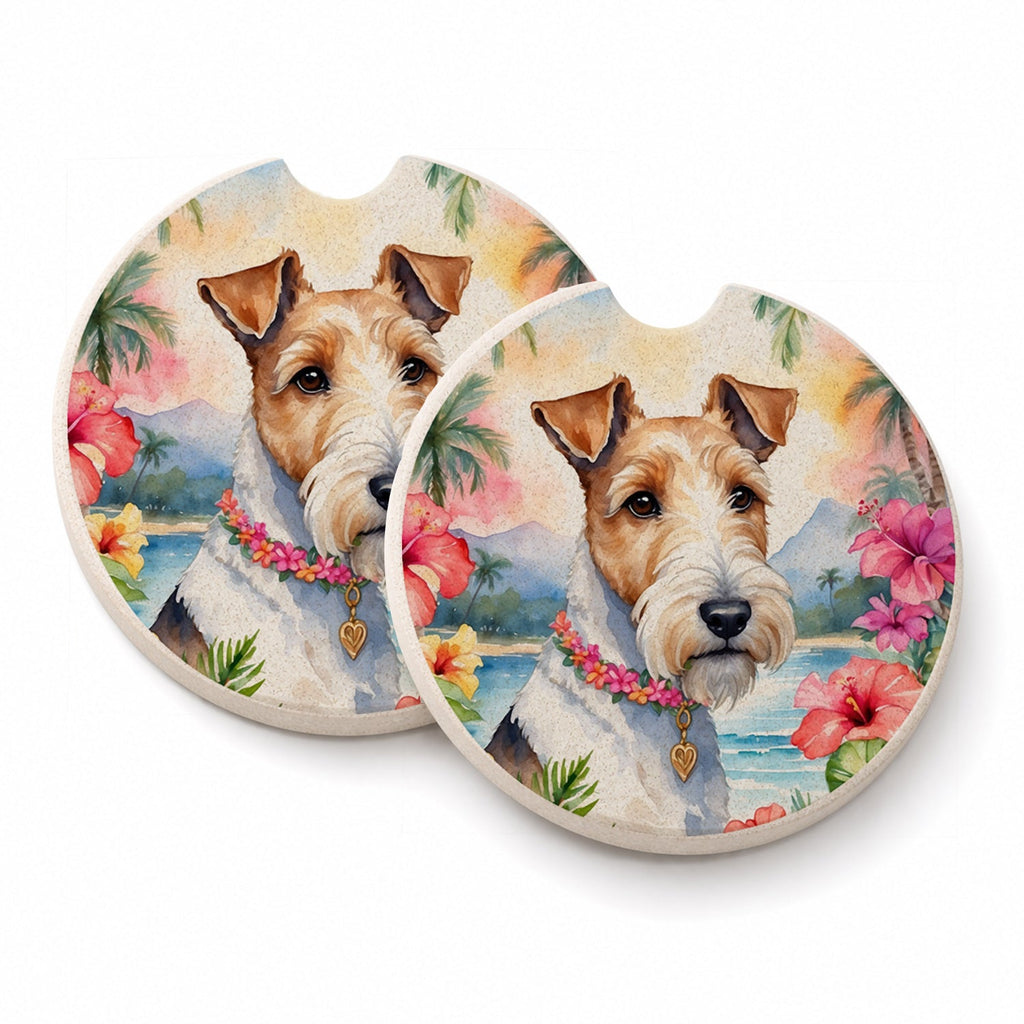 Fox Terrier Luau Set of 2 Cup Holder Car Coasters Absorbent Round Sandstone Coasters Gifts for Men or Women, 2.5, Multicolor