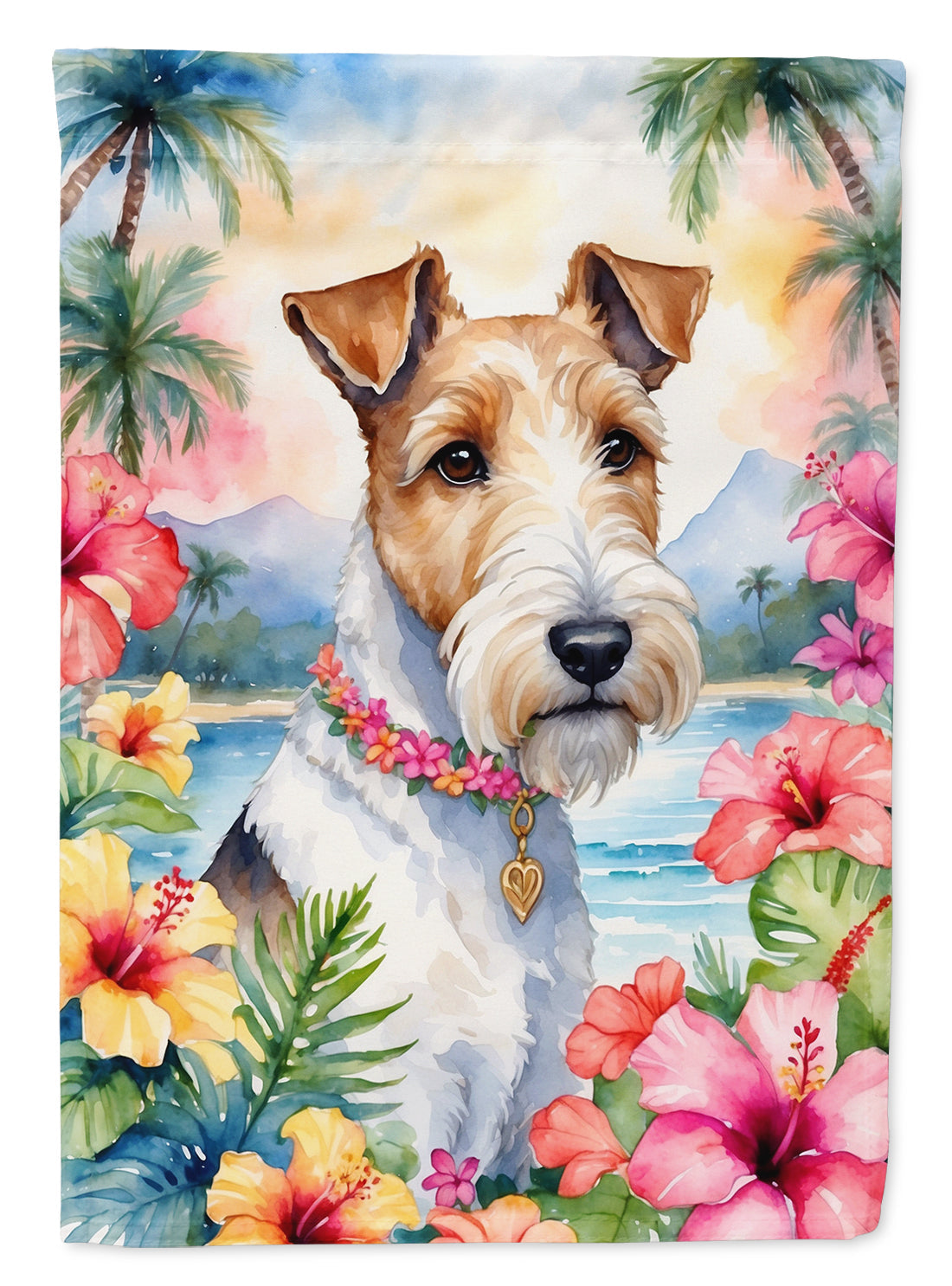 Fox Terrier Luau House Flag 28x40 Porch Sleeve Pole Decorative Outside Yard Banner Artwork Wall Hanging, Polyester