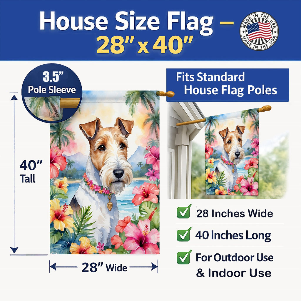 Fox Terrier Luau House Flag 28x40 Porch Sleeve Pole Decorative Outside Yard Banner Artwork Wall Hanging, Polyester