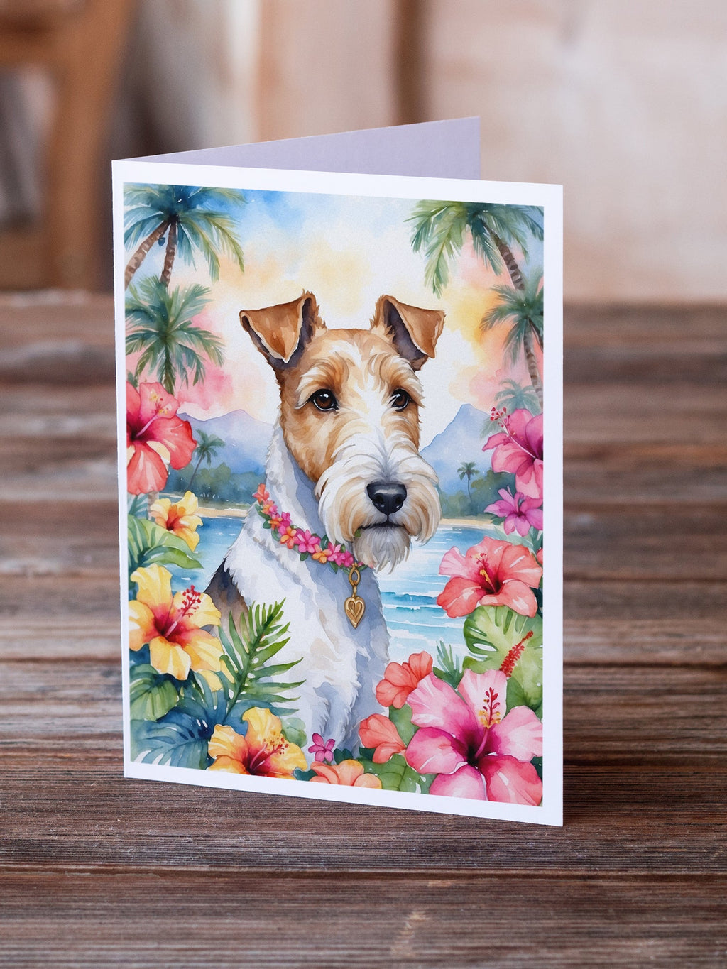 Fox Terrier Luau Greeting Cards Pack of 8 Blank Cards with Envelopes Whimsical A7 Size 5x7