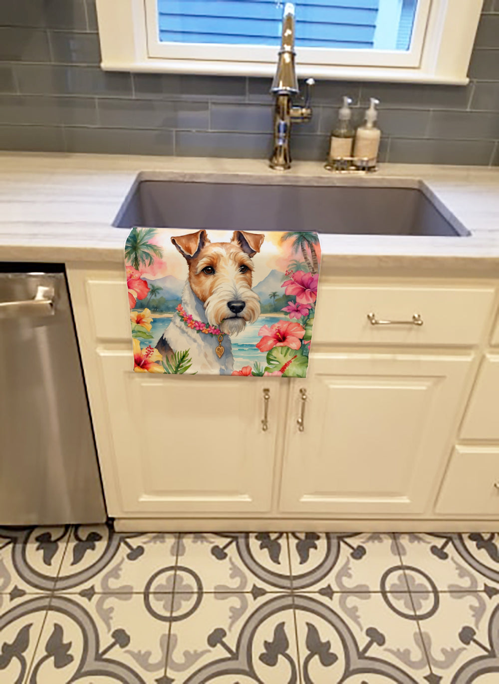 Fox Terrier Luau Kitchen Towel Velour Plush Front and Cotton Loop Back Machine Washable