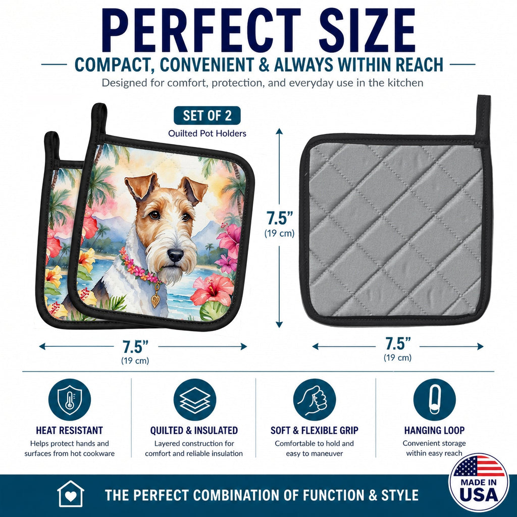 Fox Terrier Luau Pot Holder Set of 2 Heat Resistant Quilted Hot Pads 7.5 x 7.5 Inch, Insulated Kitchen Trivets for Cooking & Baking