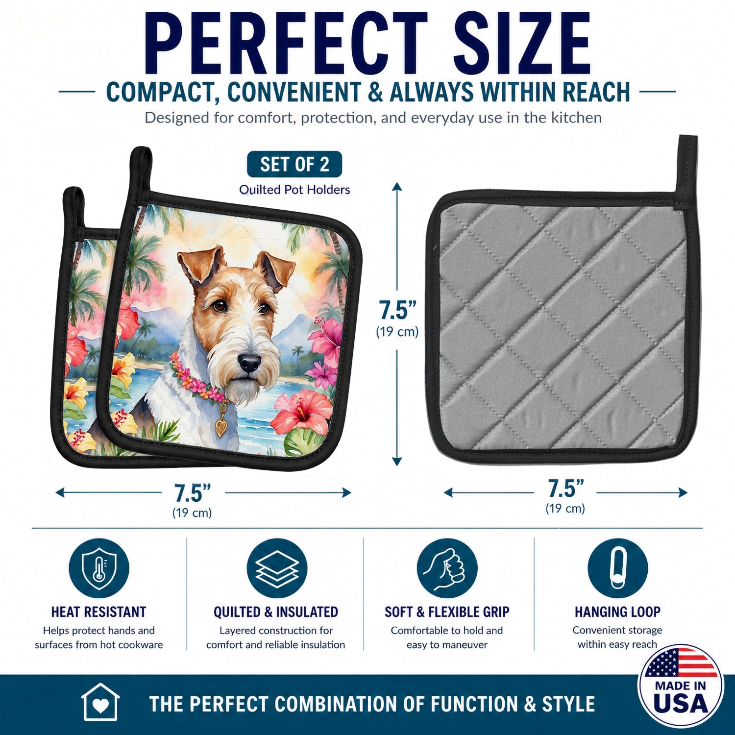 Fox Terrier Luau Pot Holder Set of 2 Heat Resistant Quilted Hot Pads 7.5 x 7.5 Inch, Insulated Kitchen Trivets for Cooking & Baking